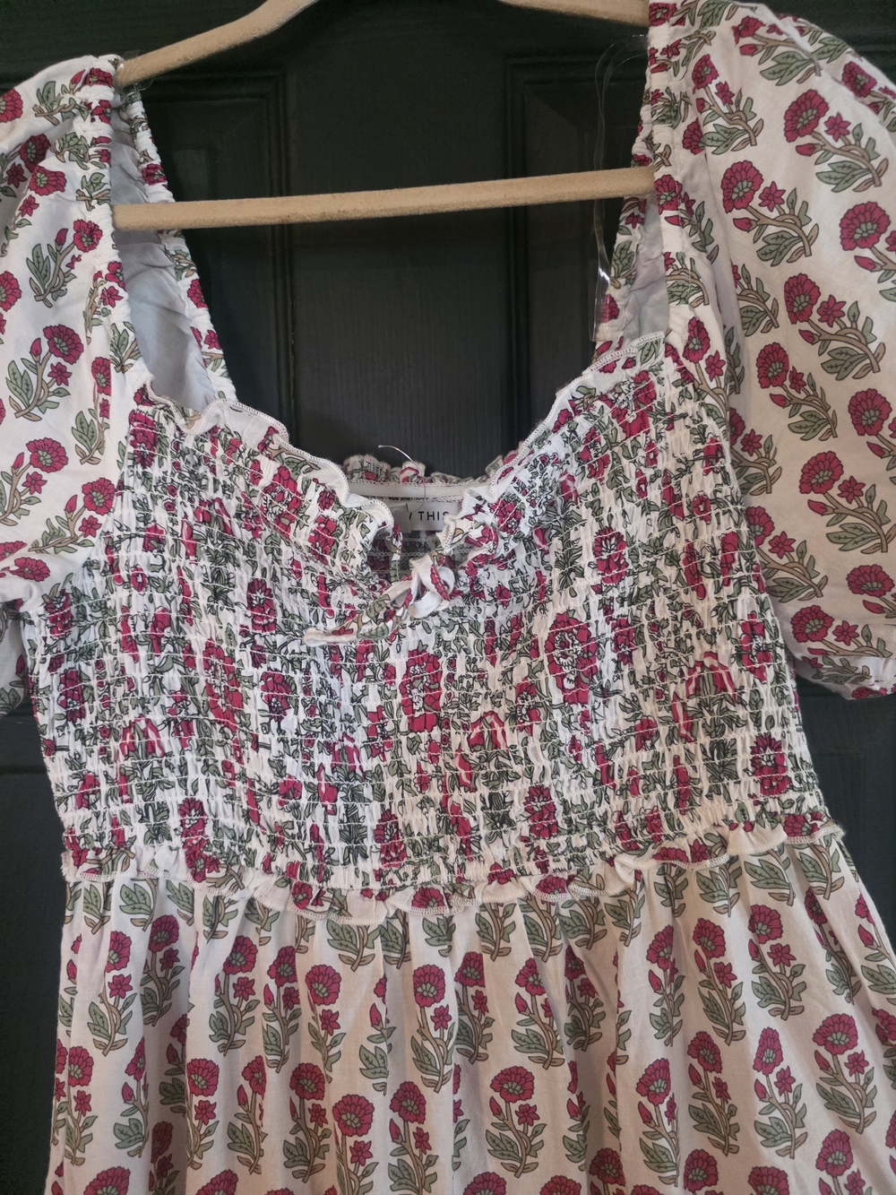 Smocked Floral Peasant Dress in White with Pink & Green